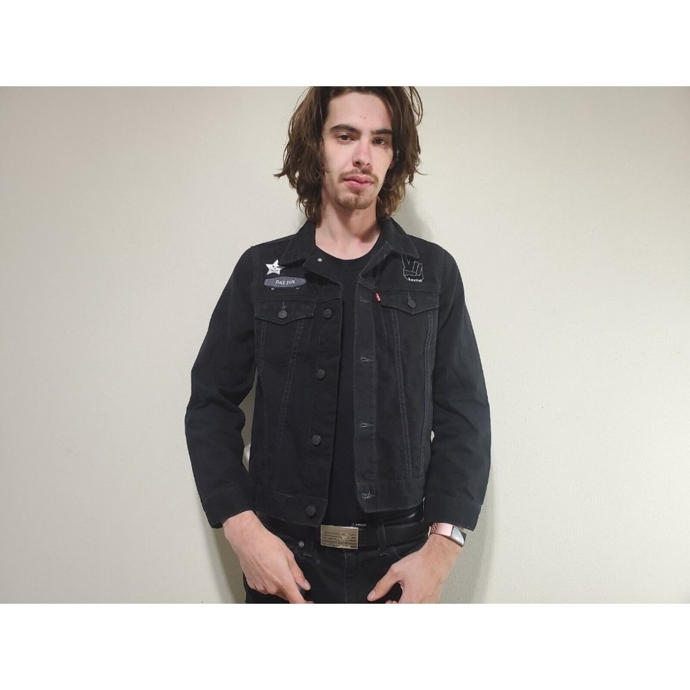 Levi's Black Denim Jean Jacket With Patches Kids Size L 12-13 Yrs